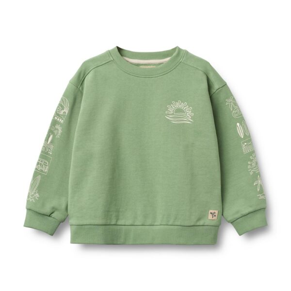 Groen kinder sweatshirt met witte tropische prints op de mouwen en borstzak
