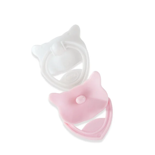 Twee siliconen drinktuiten voor babyflesjes in wit en roze met kattenoortjes