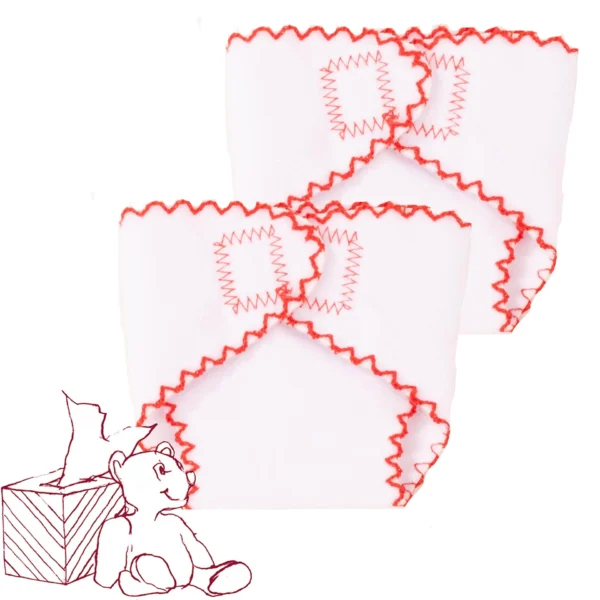 Witte babyluiers met rode zigzagstiksel en teddybeer illustratie in de hoek