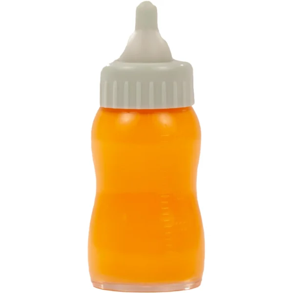 Babyflesje met oranje vloeistof en witte schroefdop op witte achtergrond