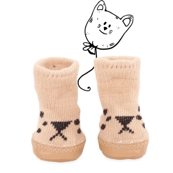 Beige baby sokjes met antislip zool en schattig kattengezicht patroon in bruin