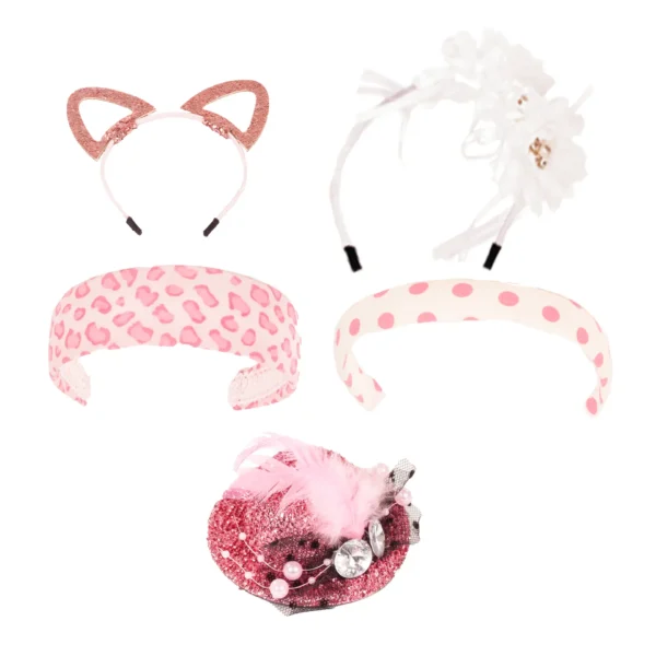 Set van vijf meisjes haarbanden met kattenovertjes, luipaard print, stippen en roze hoedje