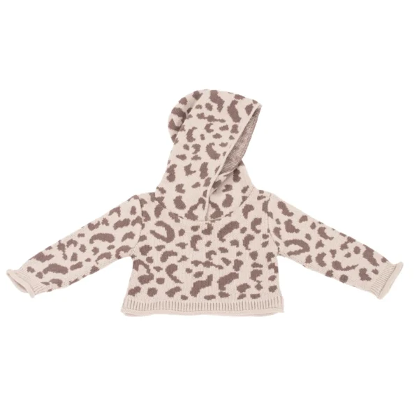 Gebreid kindervest met capuchon en luipaardprint in beige en bruin tinten