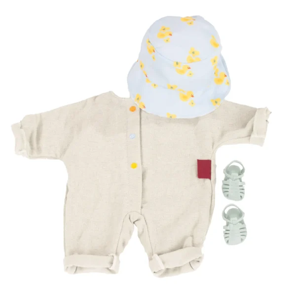 Poppenkleertjes set met beige romper, zonnehoedje met eendjesprint en mintgroene sandaaltjes