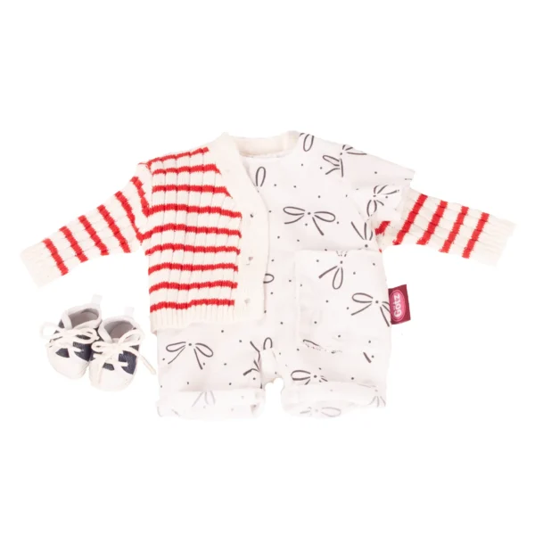 Babykledingset met rood-wit gestreepte trui, witte romper met strikjesprint en bijpassende schoentjes