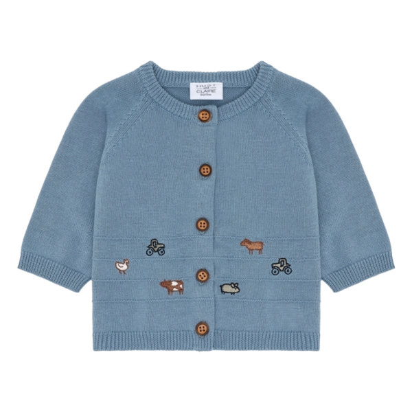 Blauw baby vest met boerderijdieren borduursel en bruine knopen