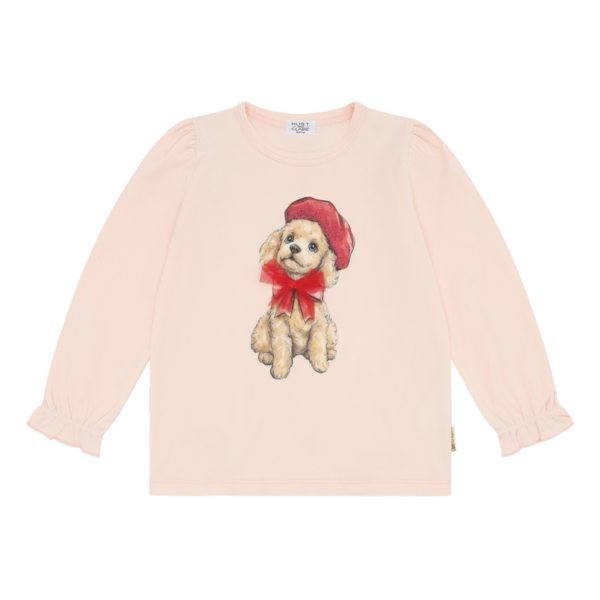 Roze kindershirt met lange mouwen en print van hondje met kerstmuts en rode strik