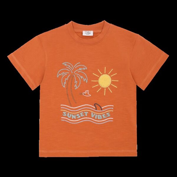 Oranje kinder t-shirt met palmboom, zon en tekst Sunset Vibes op de voorkant