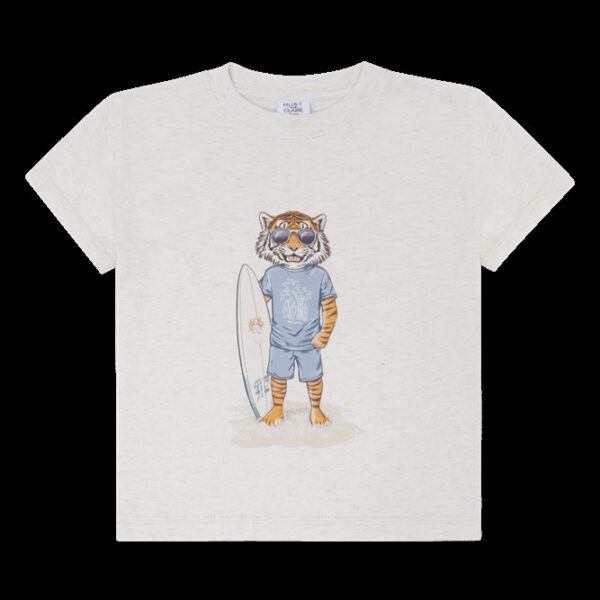 Wit kinder t-shirt met illustratie van surfende tijger met zonnebril en surfplank