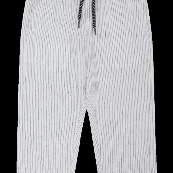 Witte kinderbroek met dunne verticale strepen en elastische tailleband met zwart-wit koordje