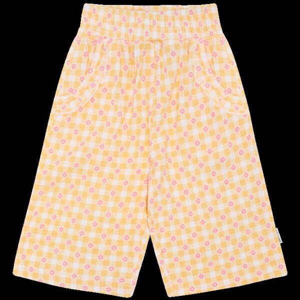 Kinderculotte met geel-wit geruit patroon en roze bloemetjes met steekzakken