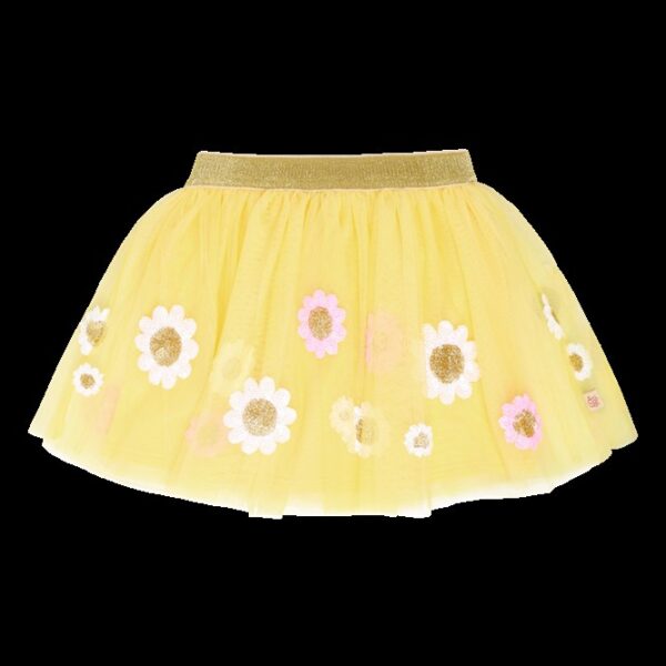 Gele tule rokje voor meisjes met witte en roze bloemen en gouden glitters op zwarte achtergrond