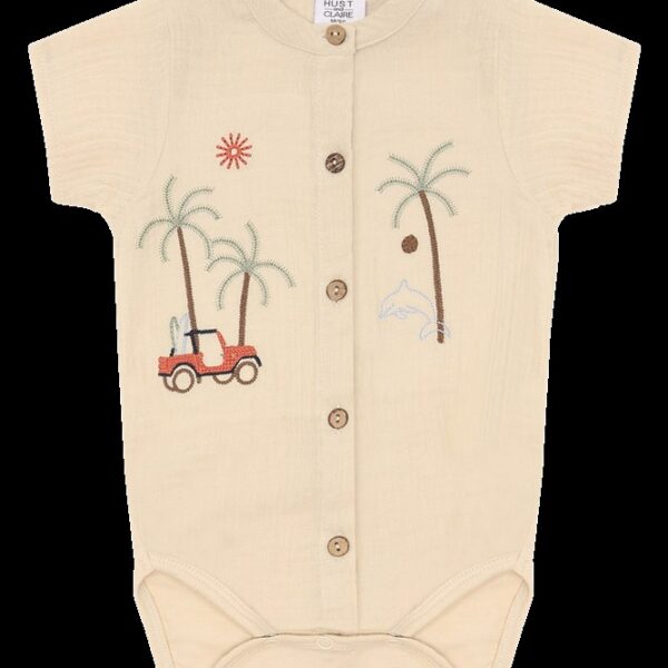 Beige baby romper met geborduurd jeep en palmbomen motief en drukknoopsluiting
