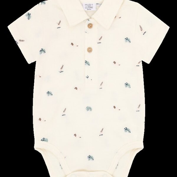 Crèmekleurig baby rompertje met kraag en korte mouwen met vrolijk insectenprint