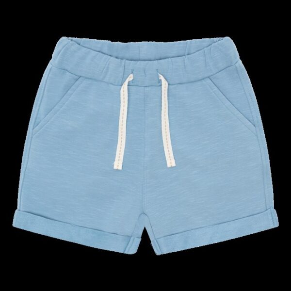 Lichtblauwe katoenen kinderbroek met elastische taille, witte koordjes en opgerolde pijpen