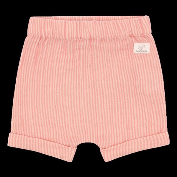 Roze gestreepte baby short met omgeslagen pijpjes en elastische tailleband