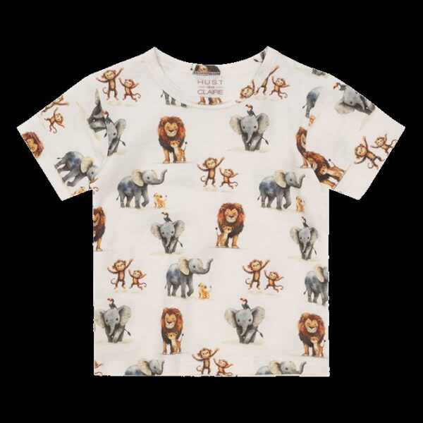 Wit kinder t-shirt met print van olifanten, leeuwen, apen en giraffen in aquarelstijl