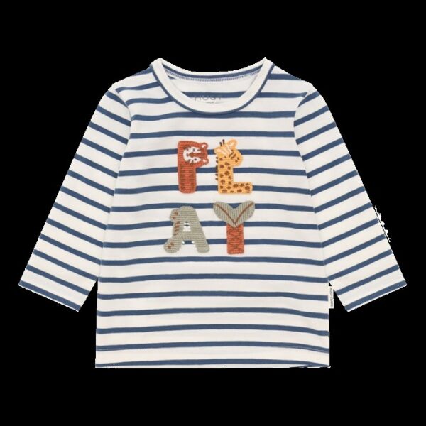 Gestreept kindershirt met lange mouwen en PLAY-tekst in kleurrijke textuur op de voorkant