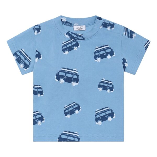 Lichtblauw kinder t-shirt met donkerblauwe surfbusjes print en korte mouwen