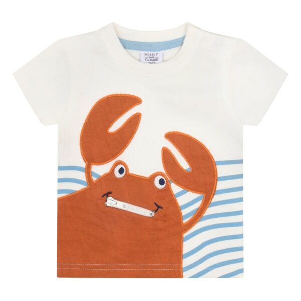 Wit kinder t-shirt met oranje krab applicatie en blauwe strepen aan de onderkant