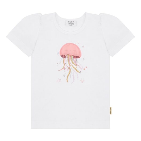 Wit kinder T-shirt met roze kwal print en gouden details van Hust & Claire