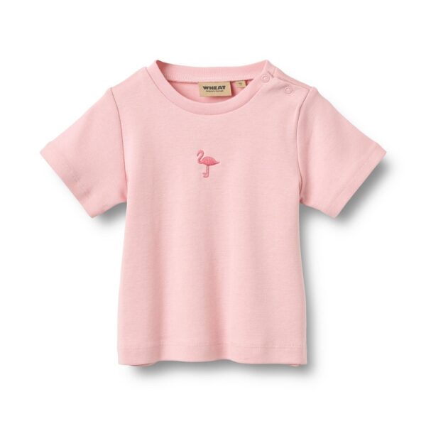 Roze baby t-shirt met geborduurd flamingo motief en drukknopen bij de schouder