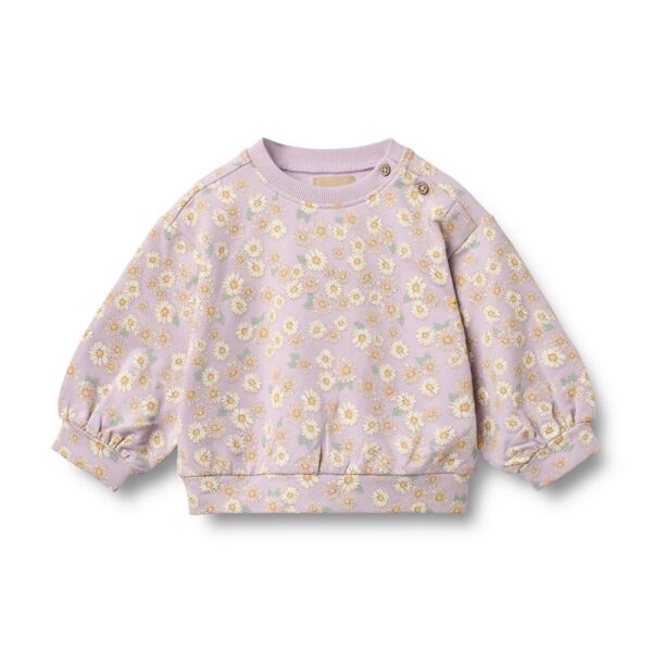 Paarse baby sweater met wit-geel madeliefjesmotief en drukknoopsluiting op schouder