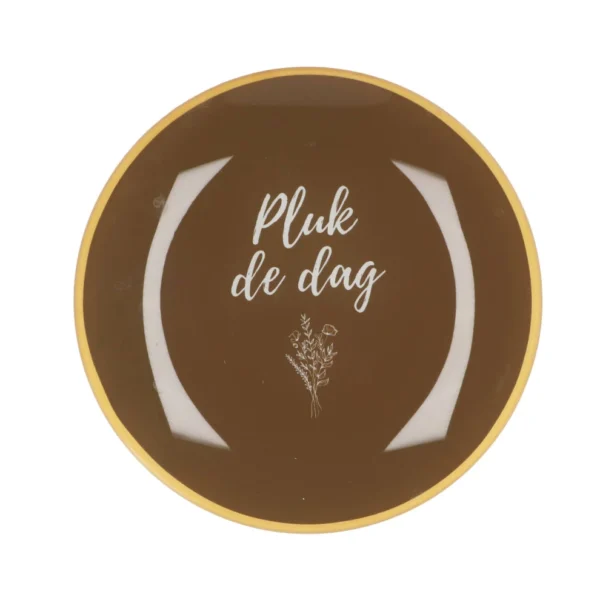 Rond bruin bord met gouden rand en witte tekst 'Pluk de dag' met bloemenillustratie