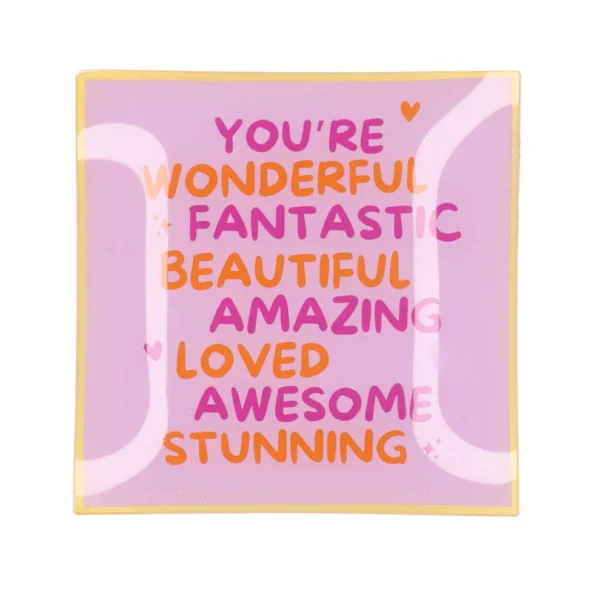 Roze motiverende wenskaart met kleurrijke tekst wonderful fantastic beautiful amazing loved awesome stunning