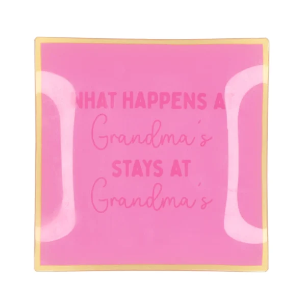 Roze decoratief bord met tekst What Happens At Grandma's Stays At Grandma's in gouden lijst