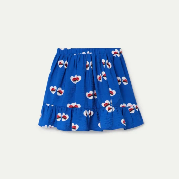 Kobaltblauwe meisjesrok met witte bloemenprint en elastische tailleband met volant aan de zoom