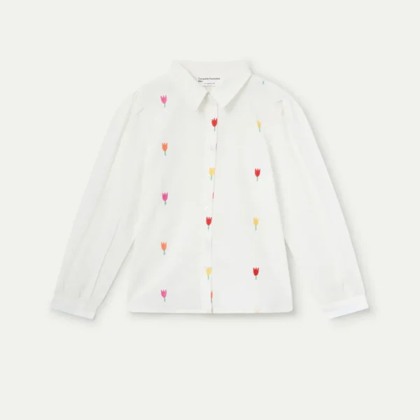 Wit kinderoverhemd met kleurrijke geborduurd tulpen in roze, rood, oranje en geel