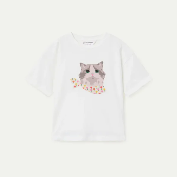 Wit kinder t-shirt met lange mouwen en schattige grijze kat met kleurrijke bloemen print