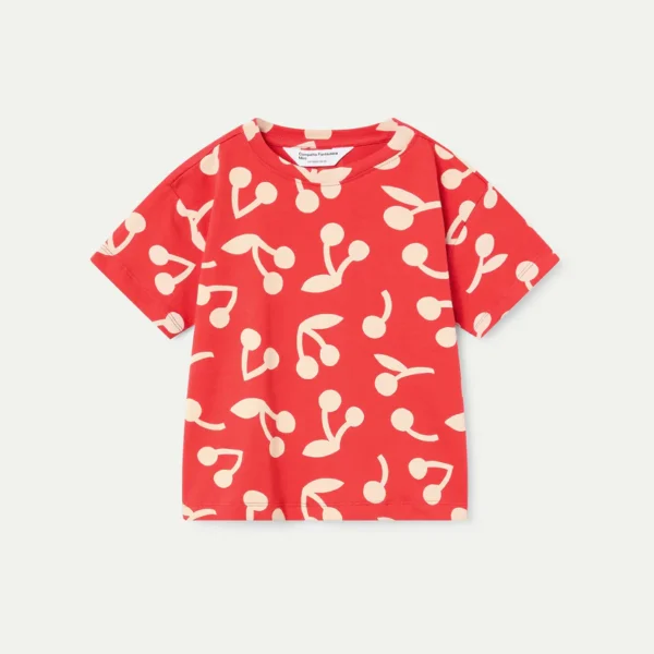 Rood kinder t-shirt met witte kersen print, korte mouwen en ronde hals