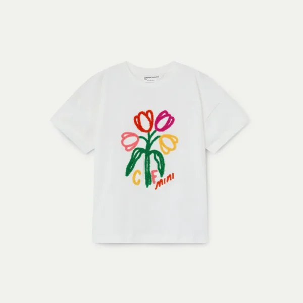 Wit kinder t-shirt met geborduurd boeket kleurrijke tulpen en tekst CPH mini op de voorkant