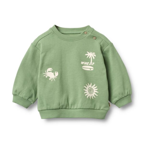 Groene baby sweater met witte prints van palmboom, krab en zon met schouderknoopjes