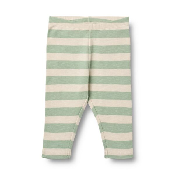 Gestreepte babybroek in mintgroen en beige met elastische tailleband op witte achtergrond
