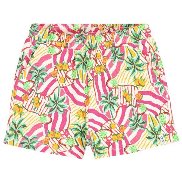Kleurrijke zwemshort met tropisch print van palmbomen, ananas en zebra strepen in roze, geel en groen