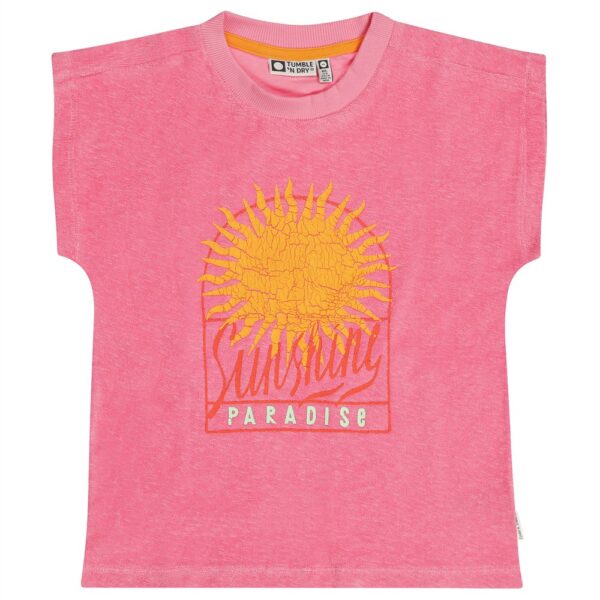 Roze meisjes t-shirt met geborduurd zonnemotief en Sunny Paradise opdruk van Tumble 'N Dry