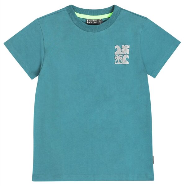 Petrolblauw jongens t-shirt met korte mouwen en tropisch print op de borst van Tumble 'n Dry