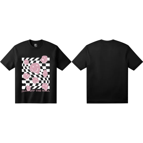 Zwart Vans t-shirt met roze smiley-gezichten en vervormd schaakbordpatroon, voor- en achterkant