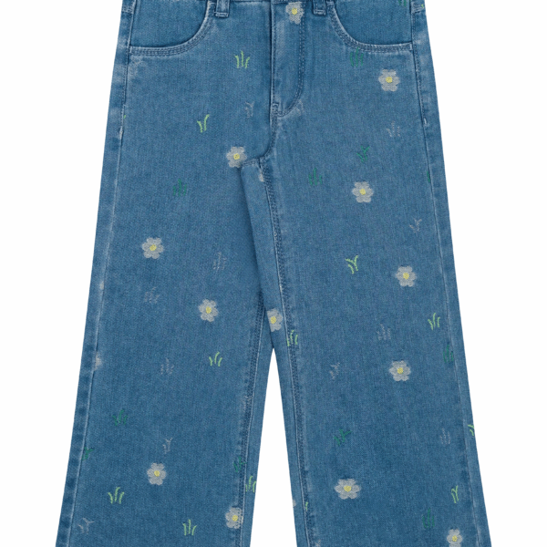 Wijde kinderjeansbroek met geborduurd bloemen- en plantenpatroon en groene knoop