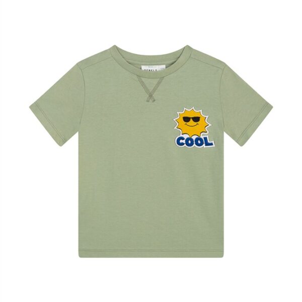 Kaki groen kinder t-shirt met zon emoji met zonnebril en tekst COOL op de borst