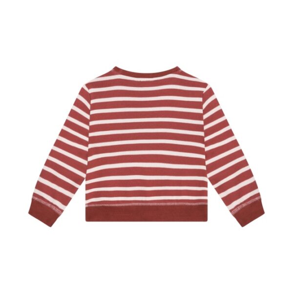 Roodbruine gestreepte kindersweater met witte horizontale strepen en ribboord