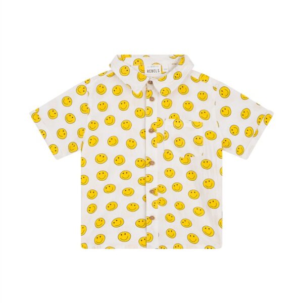 Wit kinder overhemd met gele smiley gezichtjes patroon en korte mouwen
