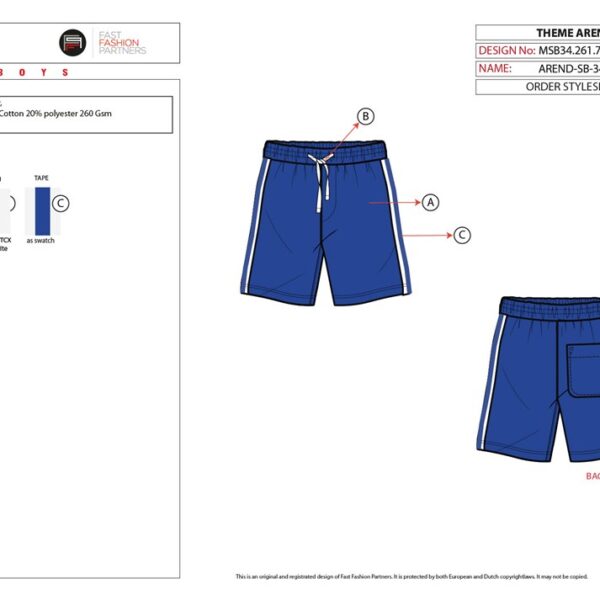 Technische specificatiesheet voor blauwe jongens short met witte zijstreep en achterzak van minirebels