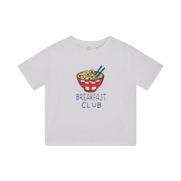 Wit kinder t-shirt met opdruk van een kom ontbijtgranen en tekst Breakfast Club
