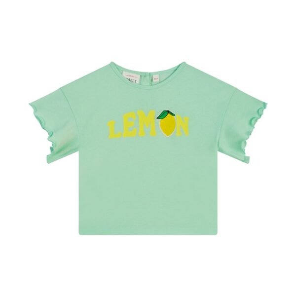 Mintgroen kinder t-shirt met gele LEMON opdruk en citroenillustratie
