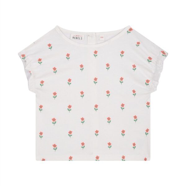 Wit kinder t-shirt met roze bloemenprint en groene blaadjes van het merk Rebels