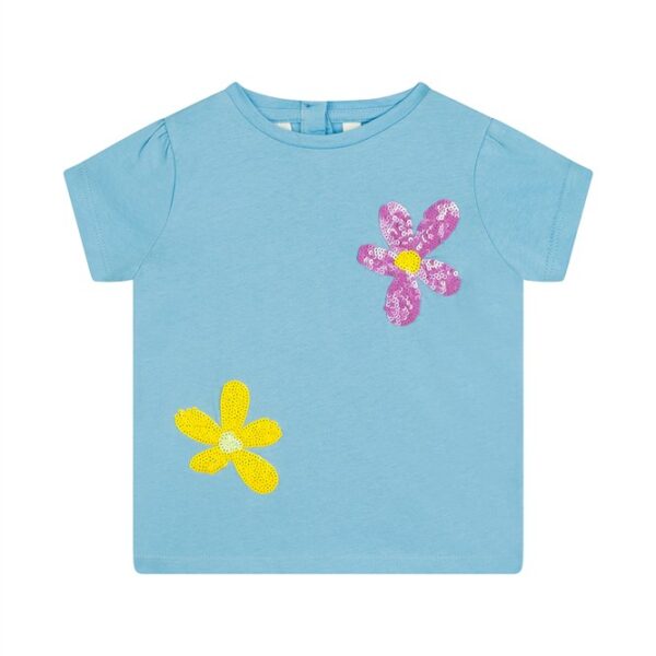 Lichtblauw kinder t-shirt met roze en gele pailletten bloemen op de voorkant